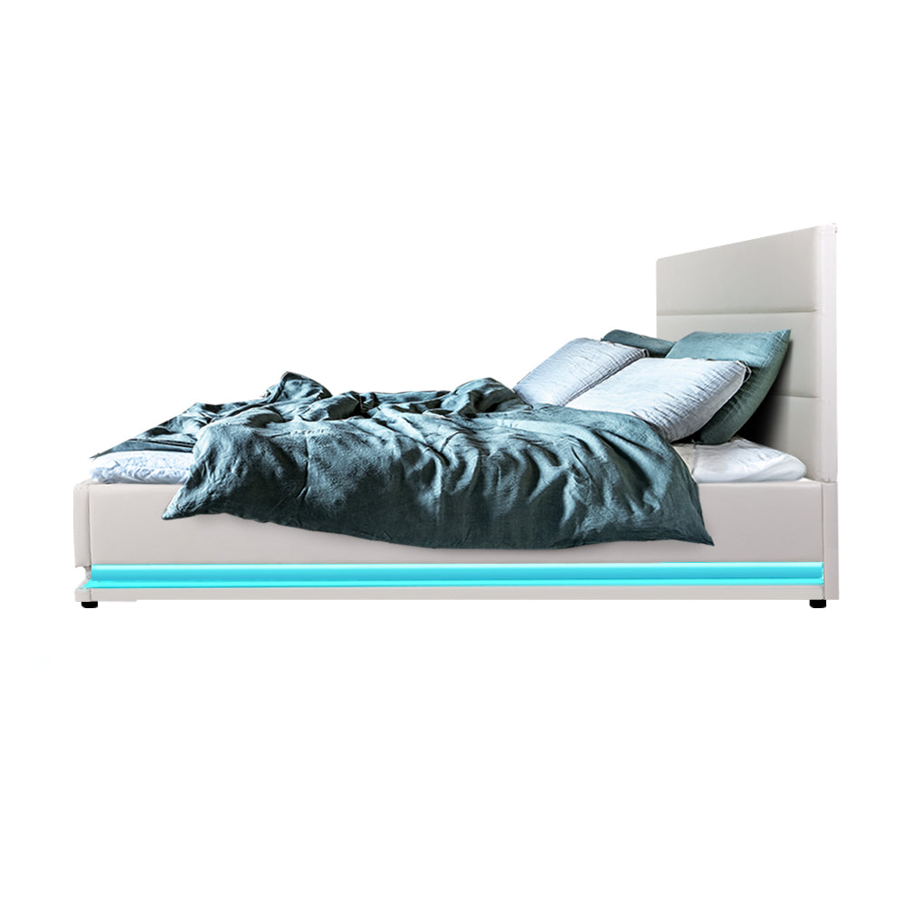LED Bed Frame PU Leather Gas Lift Storage - White Double