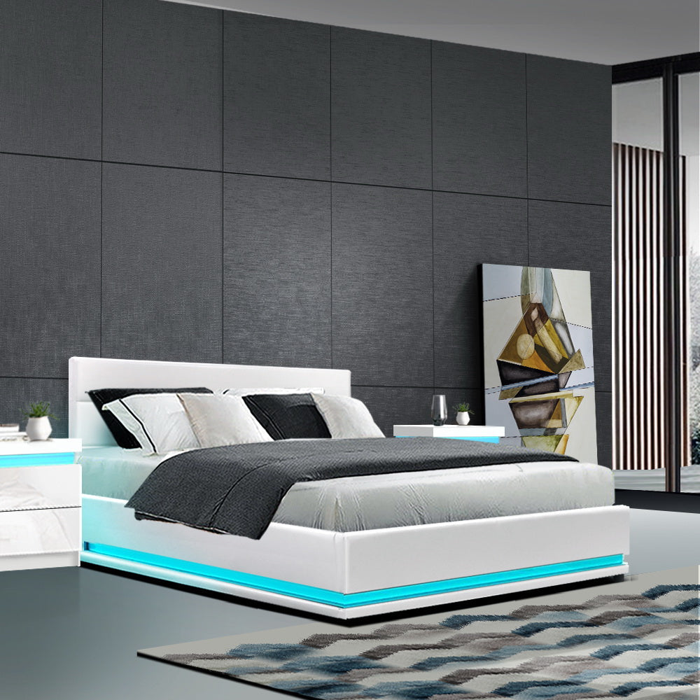 LED Bed Frame PU Leather Gas Lift Storage - White Double