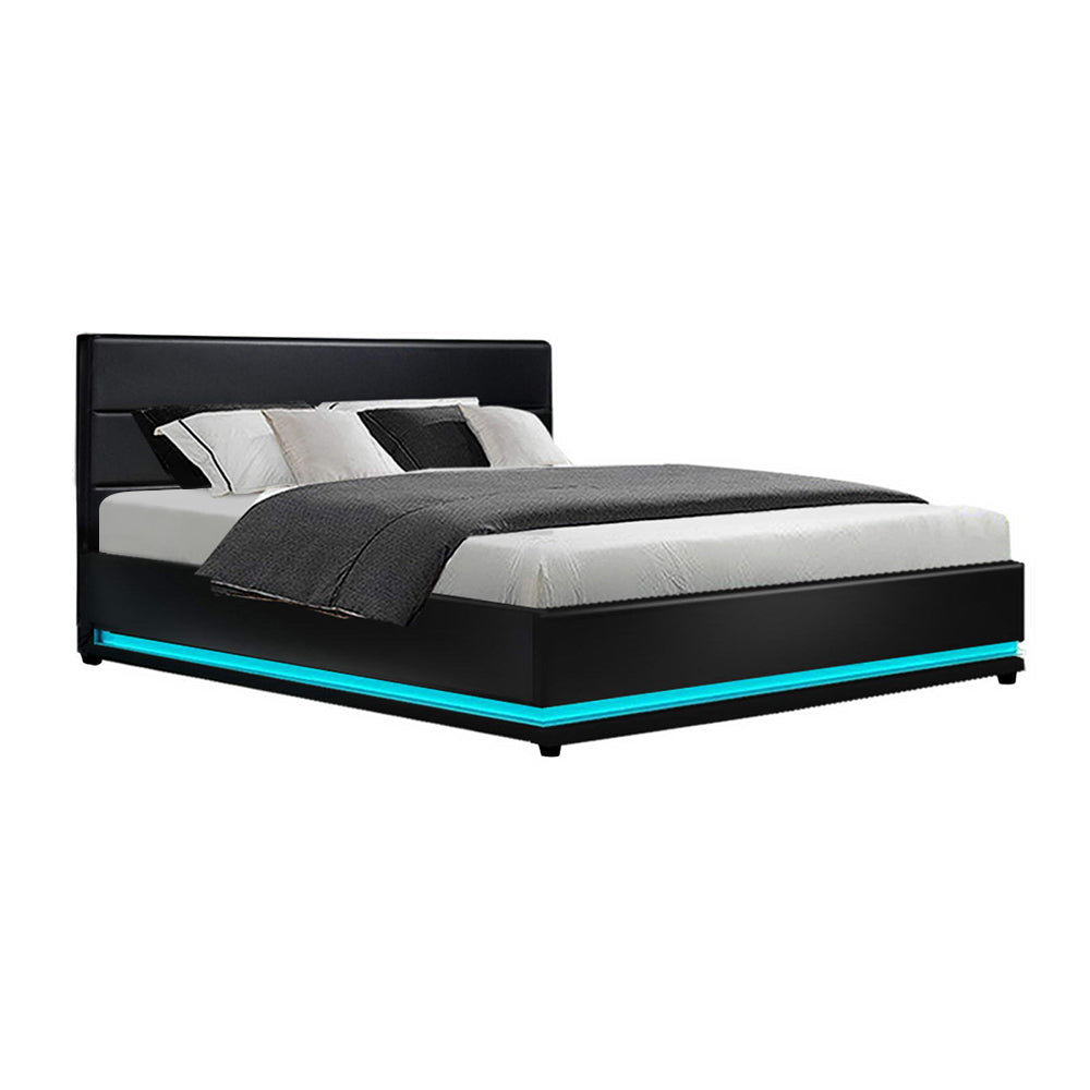 LED Bed Frame PU Leather Gas Lift Storage - Black King