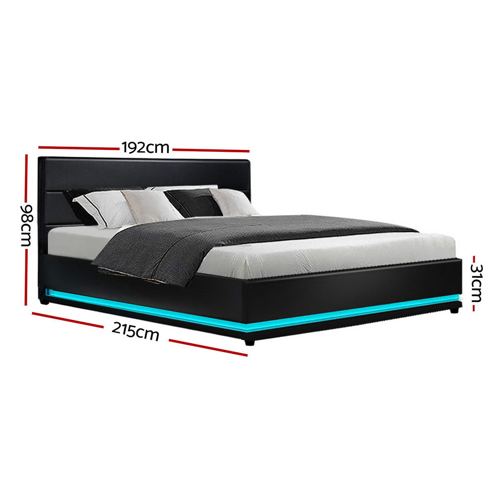 LED Bed Frame PU Leather Gas Lift Storage - Black King