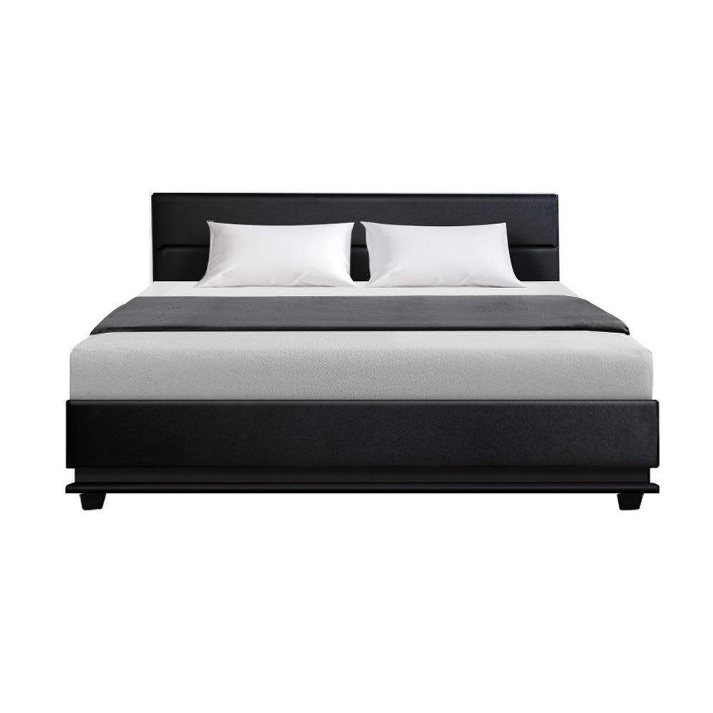 LED Bed Frame PU Leather Gas Lift Storage - Black King