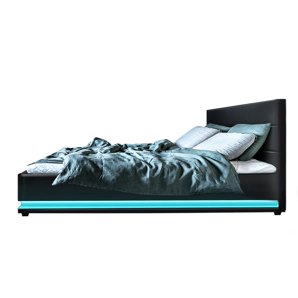 LED Bed Frame PU Leather Gas Lift Storage - Black King