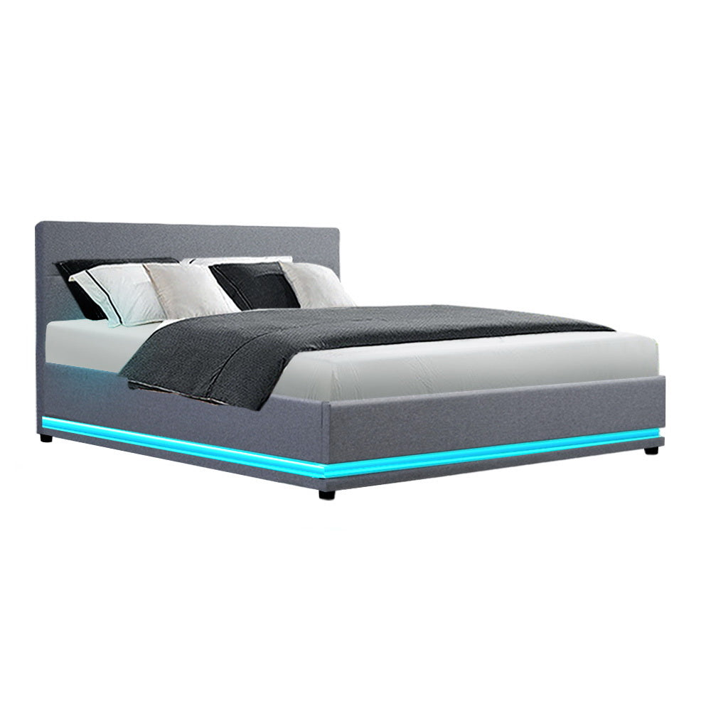 LED Bed Frame Fabric Gas Lift Storage - Grey Queen