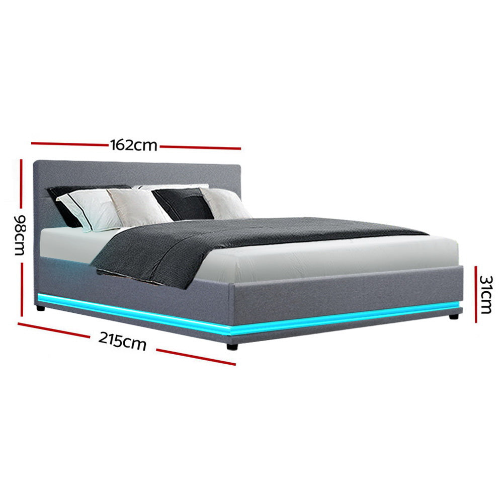 LED Bed Frame Fabric Gas Lift Storage - Grey Queen
