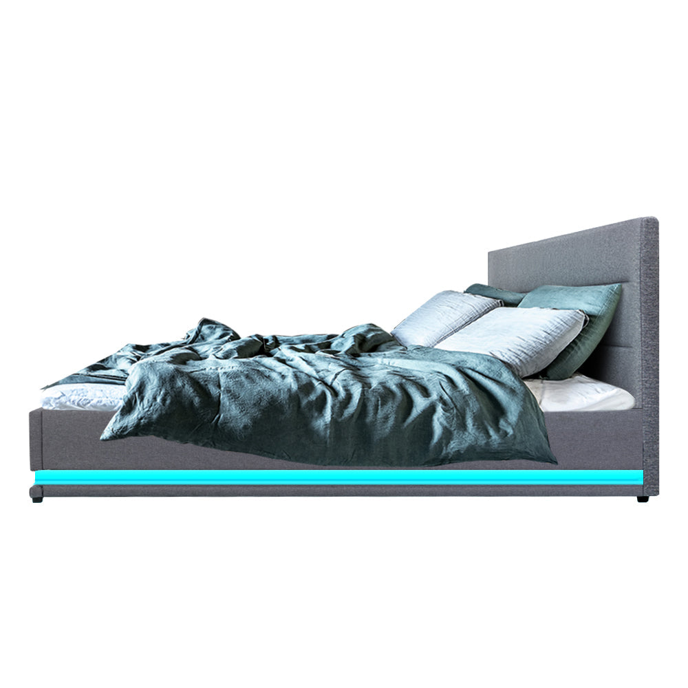 LED Bed Frame Fabric Gas Lift Storage - Grey Queen