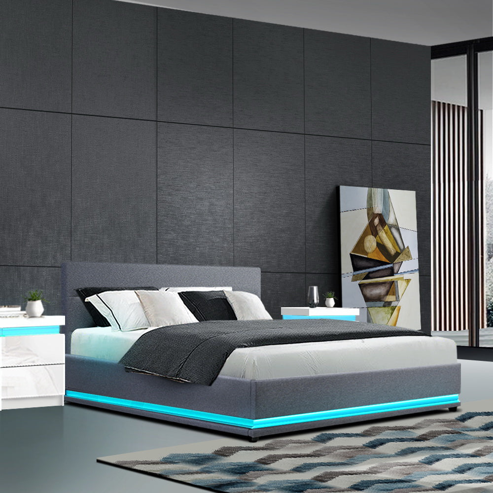 LED Bed Frame Fabric Gas Lift Storage - Grey Queen