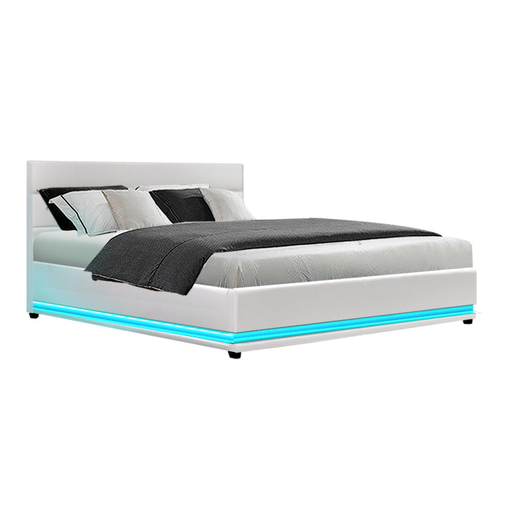 LED Bed Frame PU Leather Gas Lift Storage - White Queen