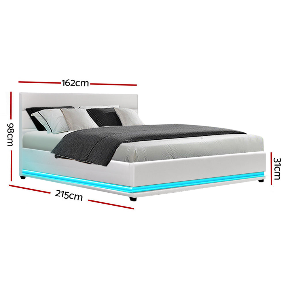 LED Bed Frame PU Leather Gas Lift Storage - White Queen