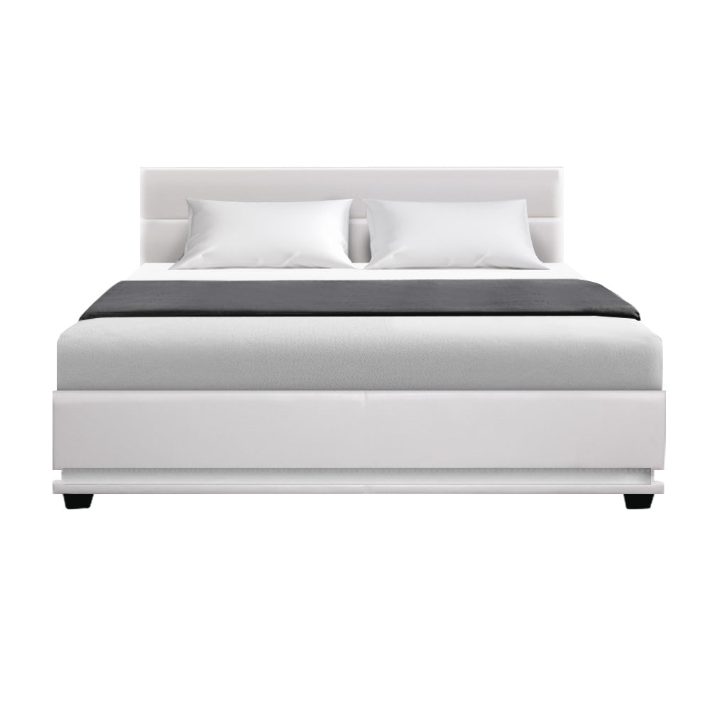 LED Bed Frame PU Leather Gas Lift Storage - White Queen