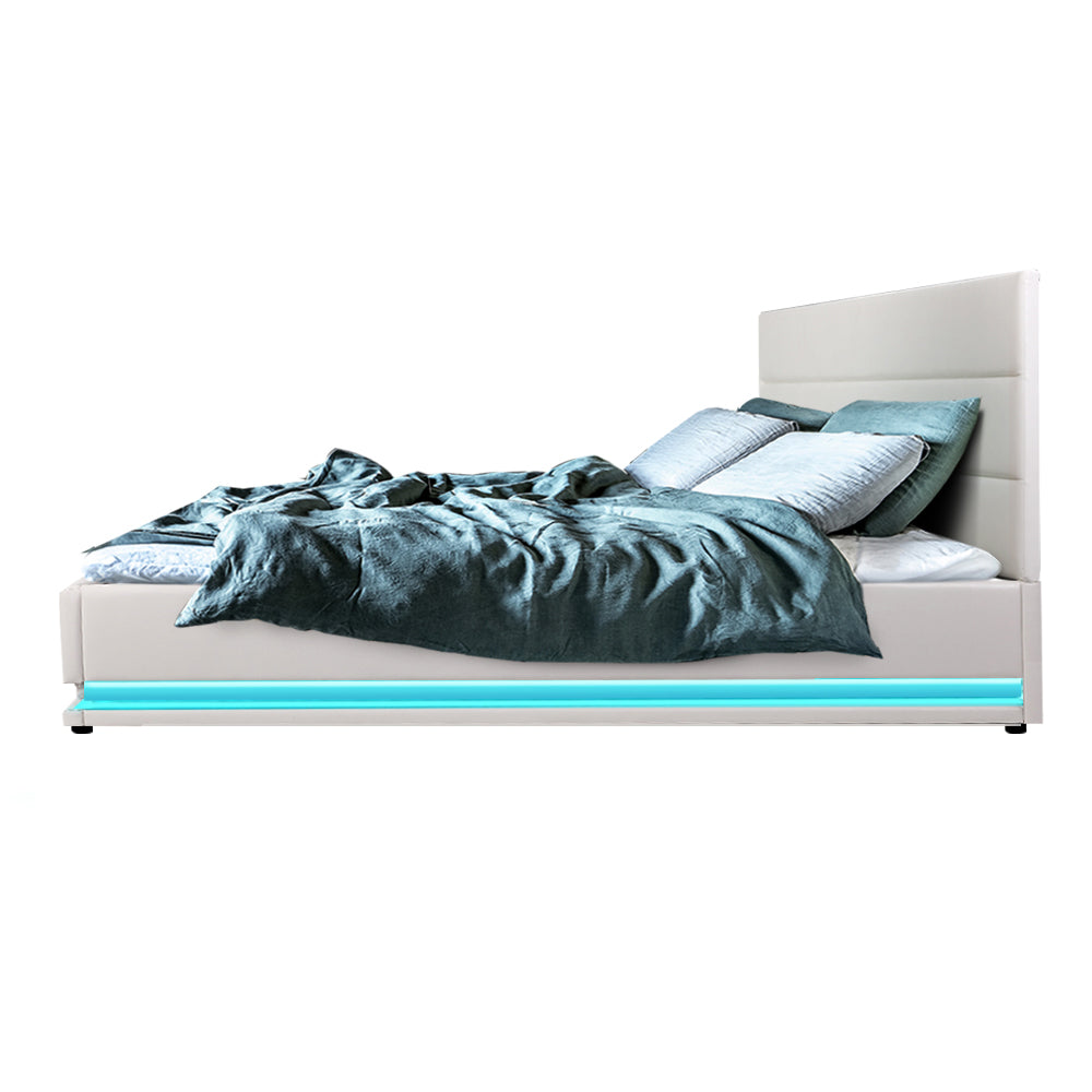 LED Bed Frame PU Leather Gas Lift Storage - White Queen