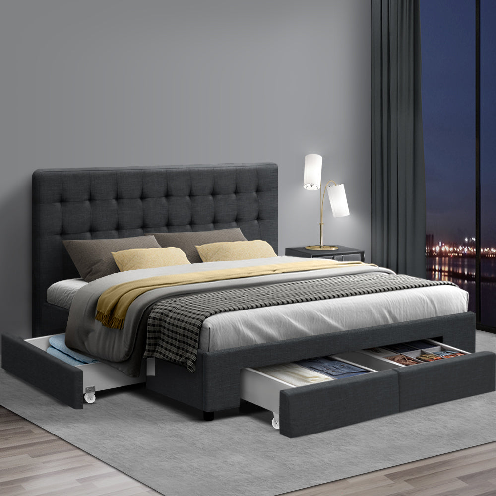 Bed Frame Fabric Storage Drawers - Charcoal Double