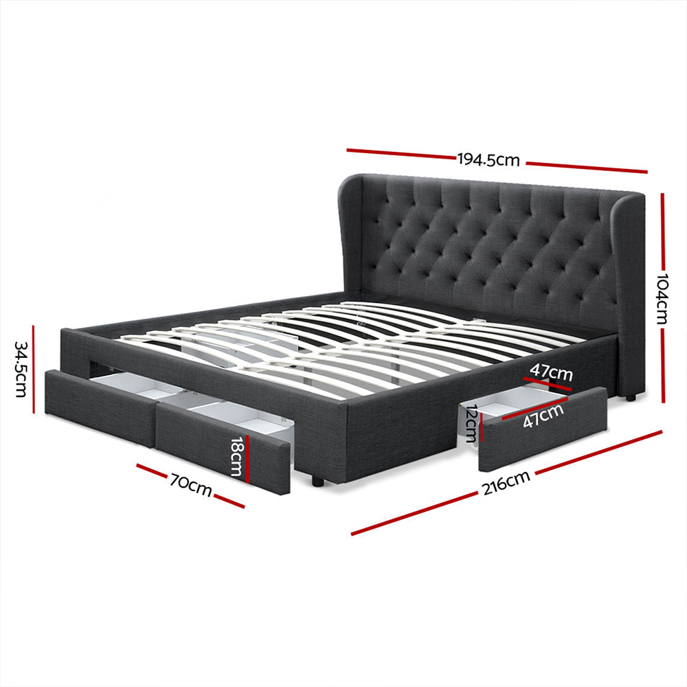 Bed Frame Storage Drawers Fabric - Charcoal King