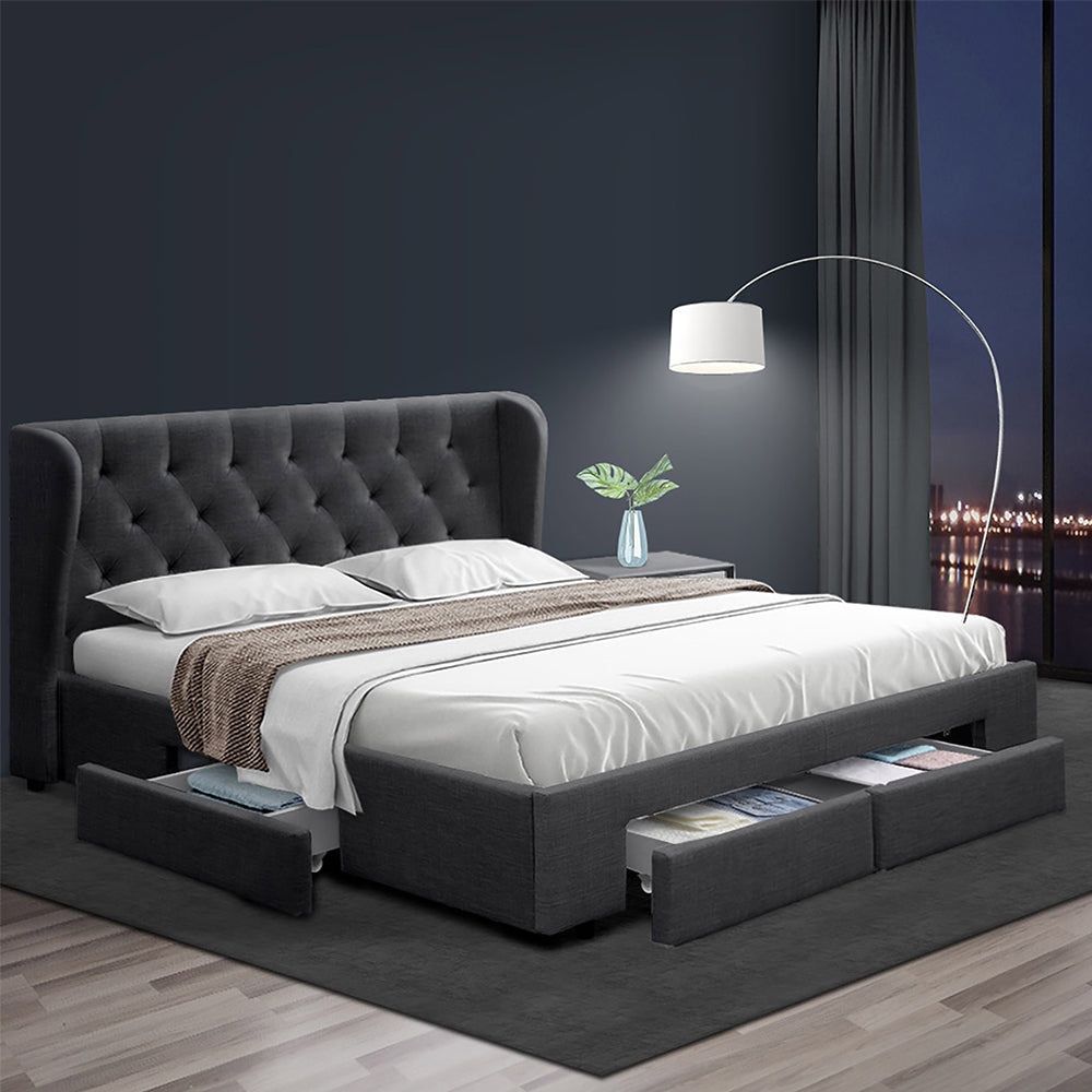 Bed Frame Storage Drawers Fabric - Charcoal Queen