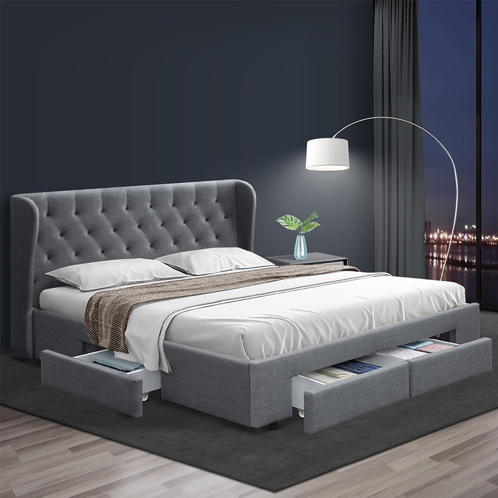Bed Frame Queen Size Base With Storage Drawers Charcoal Fabric Mila Collection