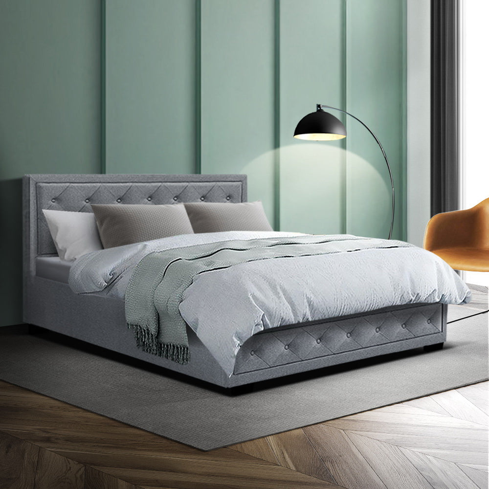 Bed Frame Fabric Gas Lift Storage - Grey Double
