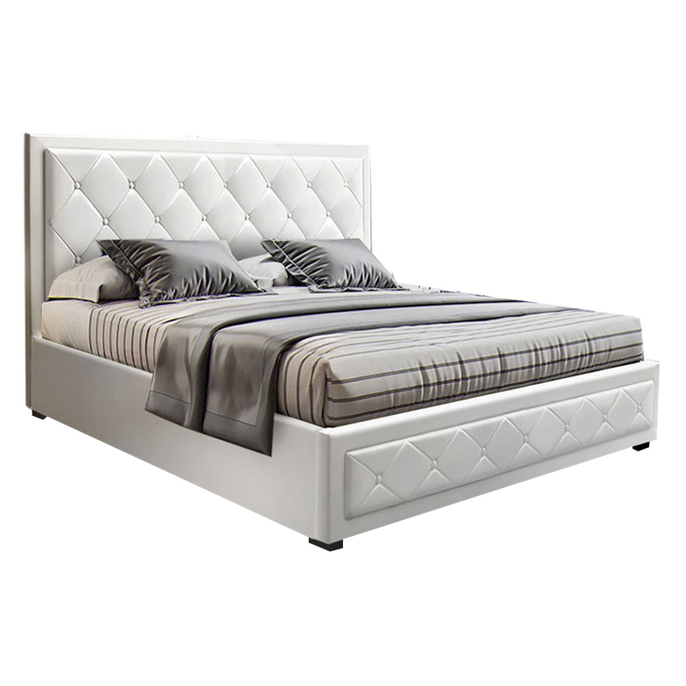 Bed Frame PU Leather Gas Lift Storage - White Double