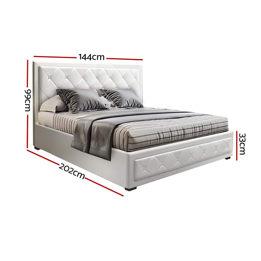 Bed Frame PU Leather Gas Lift Storage - White Double