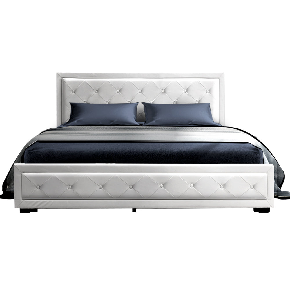 Bed Frame PU Leather Gas Lift Storage - White Double
