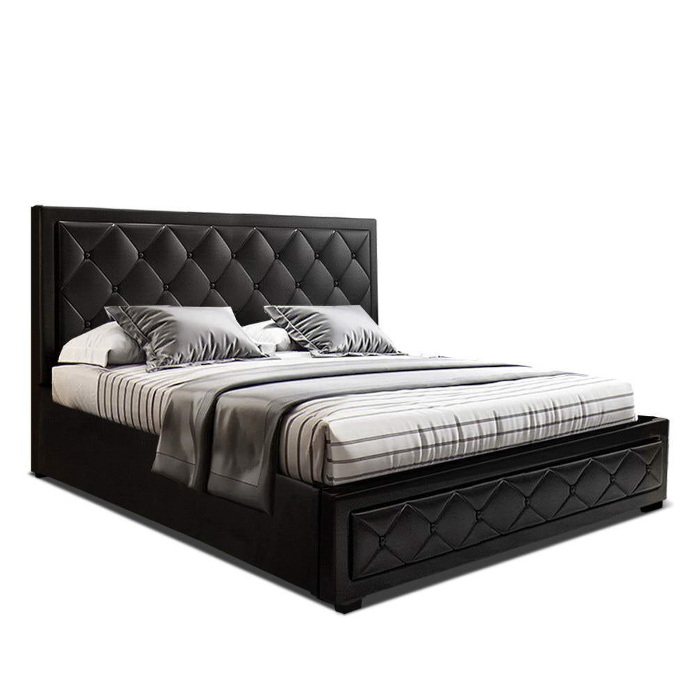 Bed Frame PU Leather Gas Lift Storage - Black Queen