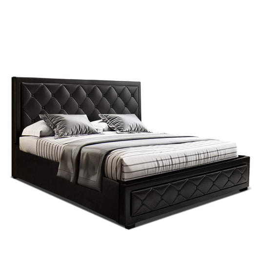 Bed Frame PU Leather Gas Lift Storage - Black Queen