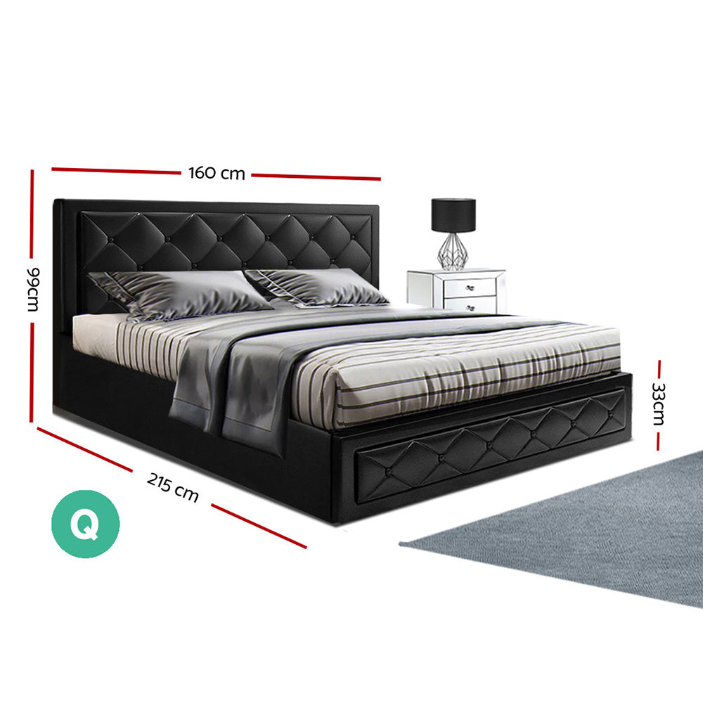 Bed Frame PU Leather Gas Lift Storage - Black Queen