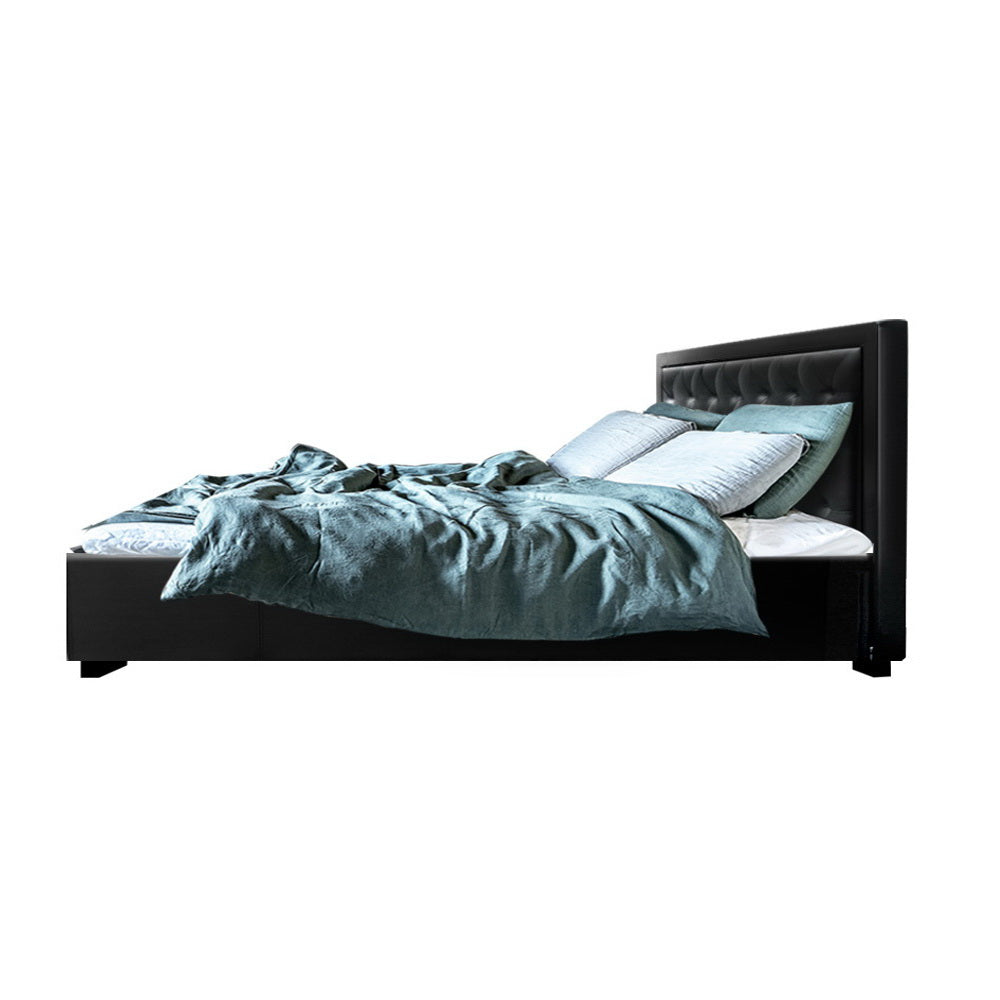 Bed Frame PU Leather Gas Lift Storage - Black Queen