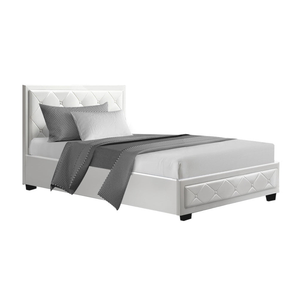 Bed Frame PU Leather Gas Lift Storage - White King Single