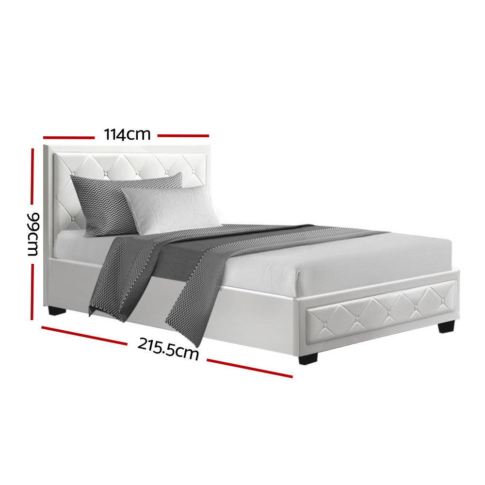 Bed Frame PU Leather Gas Lift Storage - White King Single