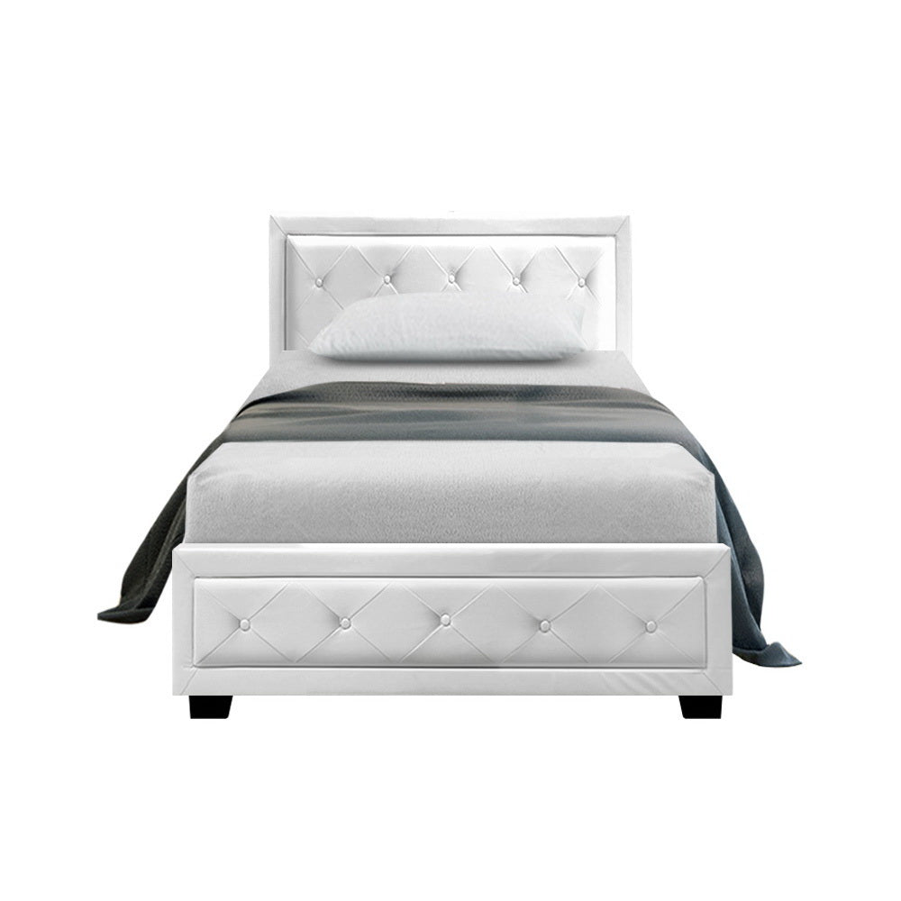 Bed Frame PU Leather Gas Lift Storage - White King Single