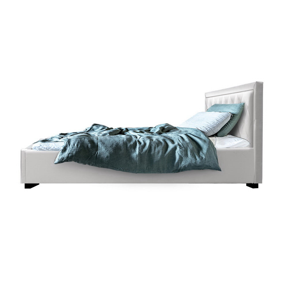 Bed Frame PU Leather Gas Lift Storage - White King Single