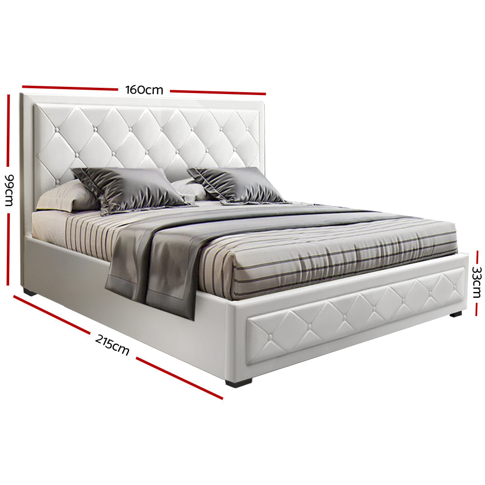 Bed Frame PU Leather Gas Lift Storage - White Queen