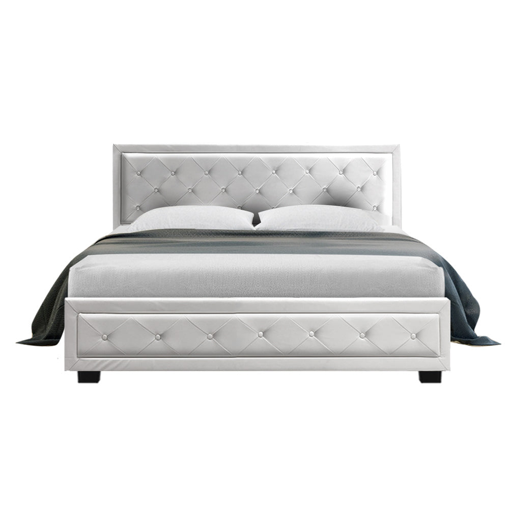 Bed Frame PU Leather Gas Lift Storage - White Queen