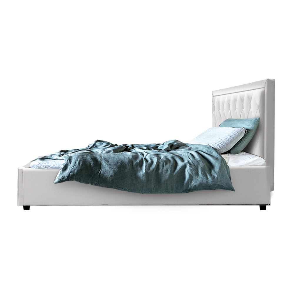 Bed Frame PU Leather Gas Lift Storage - White Queen