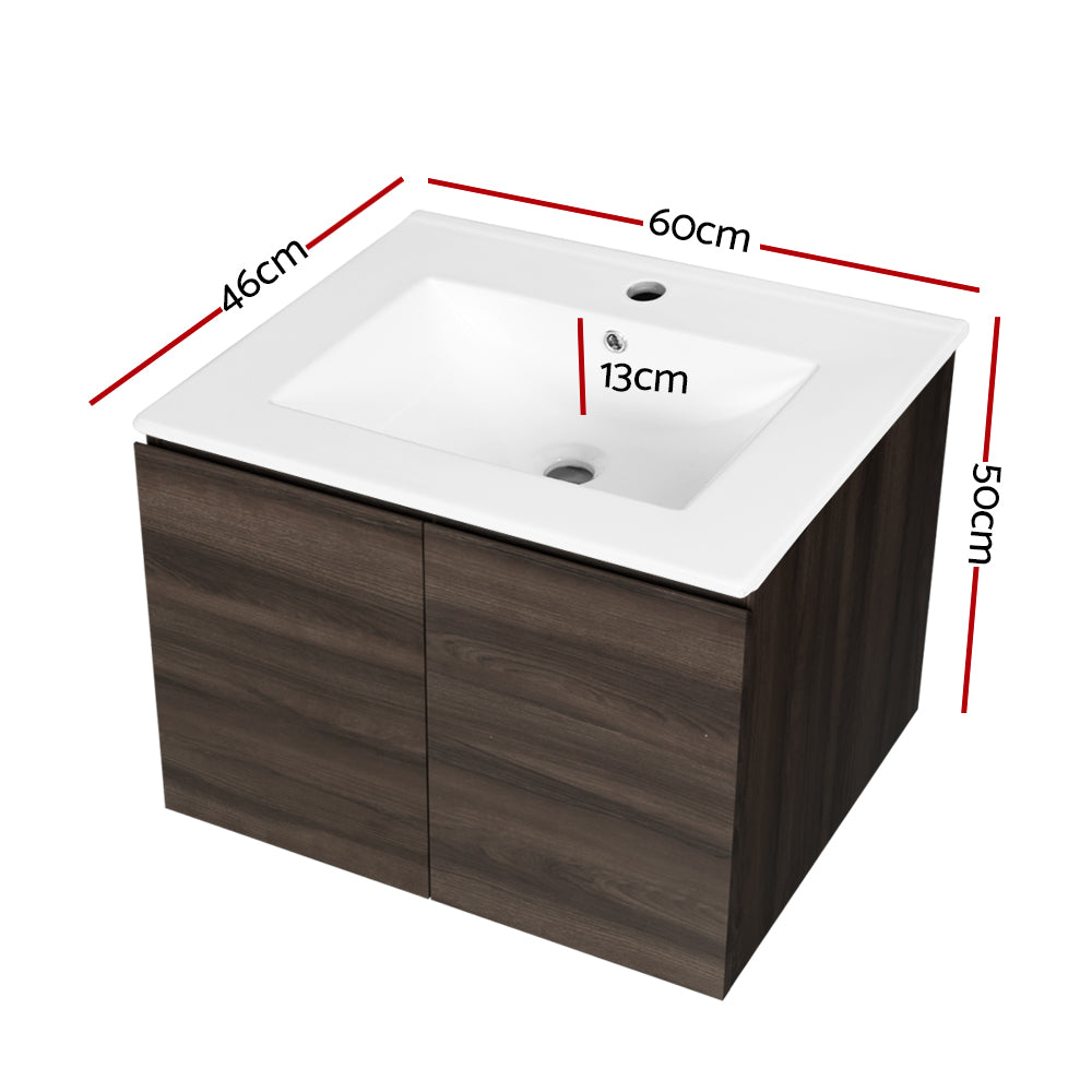 Bathroom Vanity Unit Ceramic Basin Cabinet Wall Mounted Storage 600mm Walnut