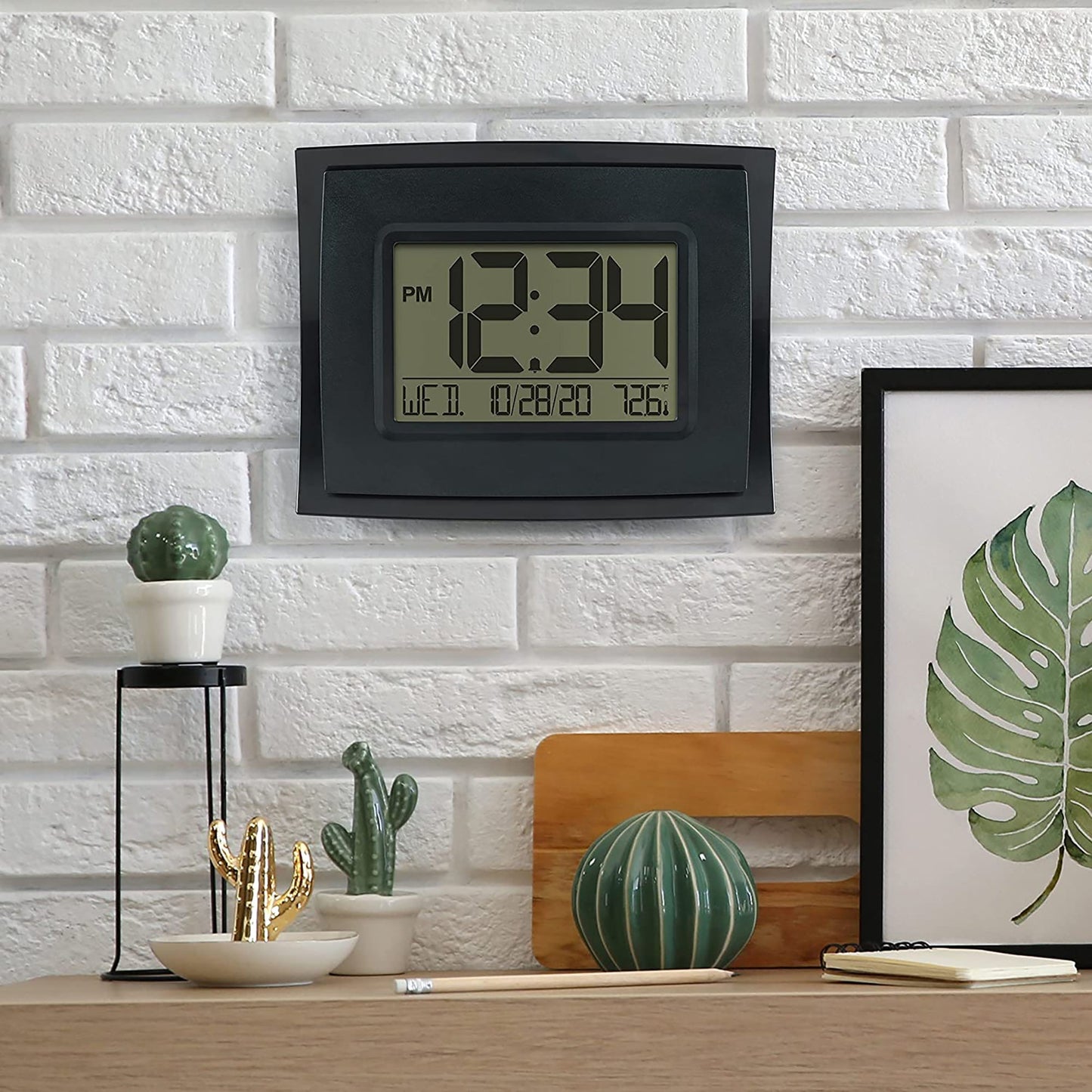 LCD Large Display Digital Wall Clock with Temperature and Calendar - Black