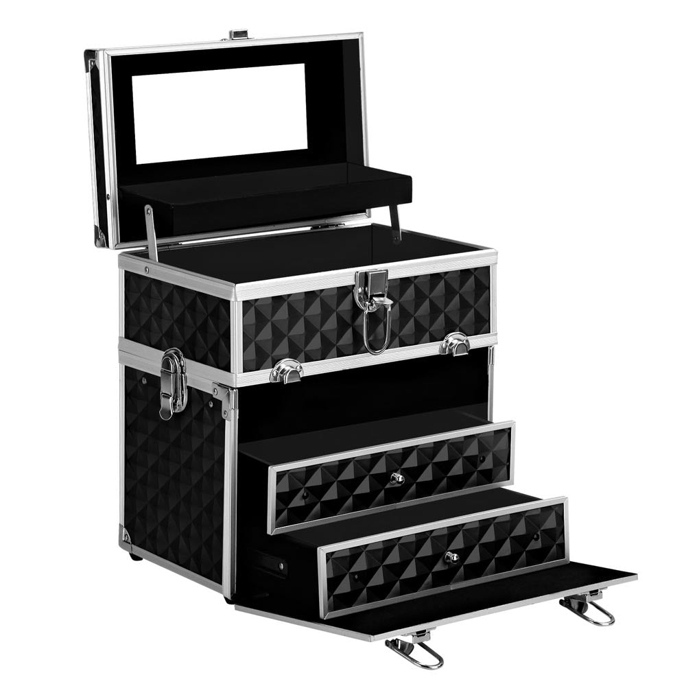 Portable Cosmetic Makeup Suitcase with Mirror - Diamond Black