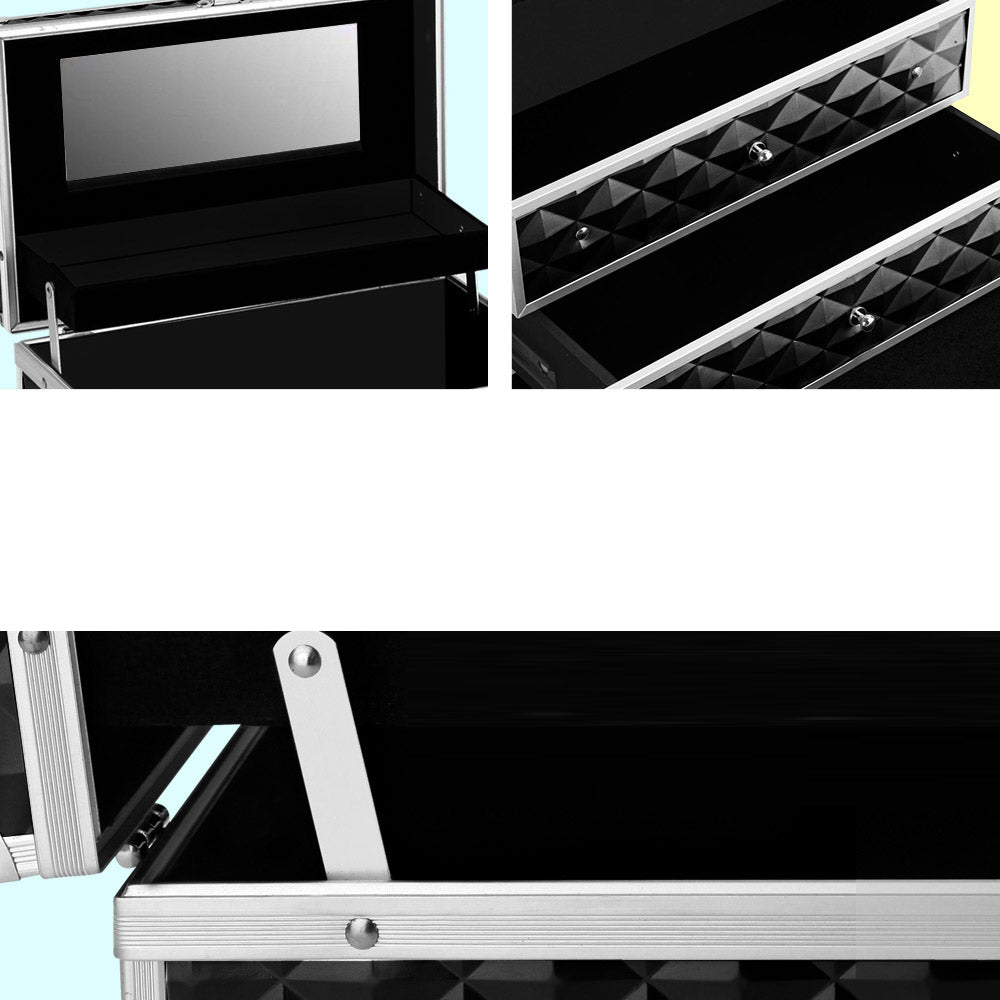 Portable Cosmetic Makeup Suitcase with Mirror - Diamond Black