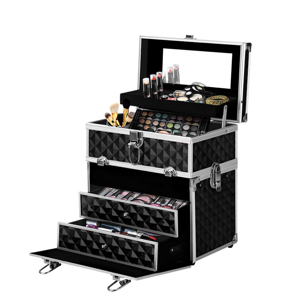Portable Cosmetic Makeup Suitcase with Mirror - Diamond Black