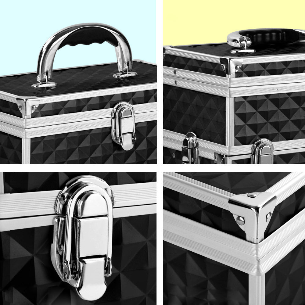 Portable Cosmetic Makeup Suitcase with Mirror - Diamond Black