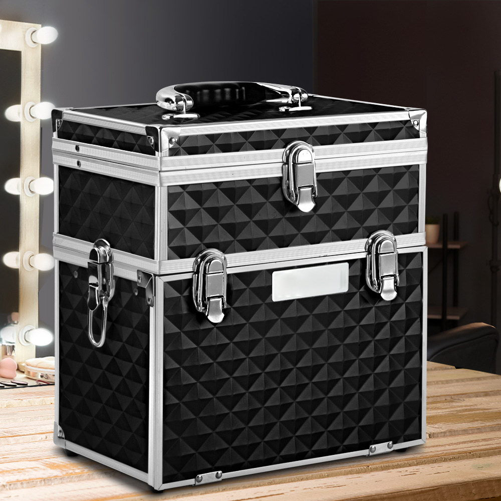 Portable Cosmetic Makeup Suitcase with Mirror - Diamond Black