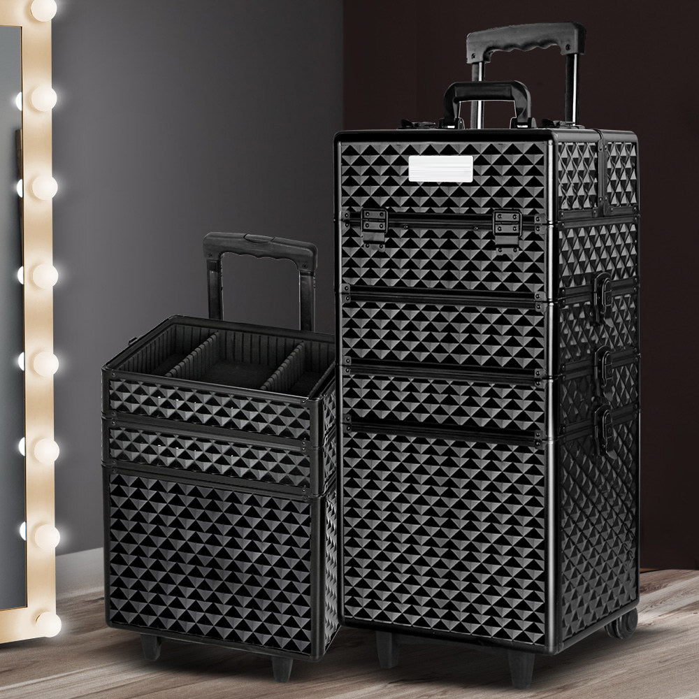 7 in 1 Portable Cosmetic Suitcase Trolley - Diamond Black