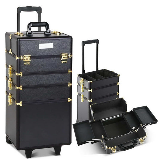 7 in 1 Portable Cosmetic Suitcase Trolley - Black and Gold