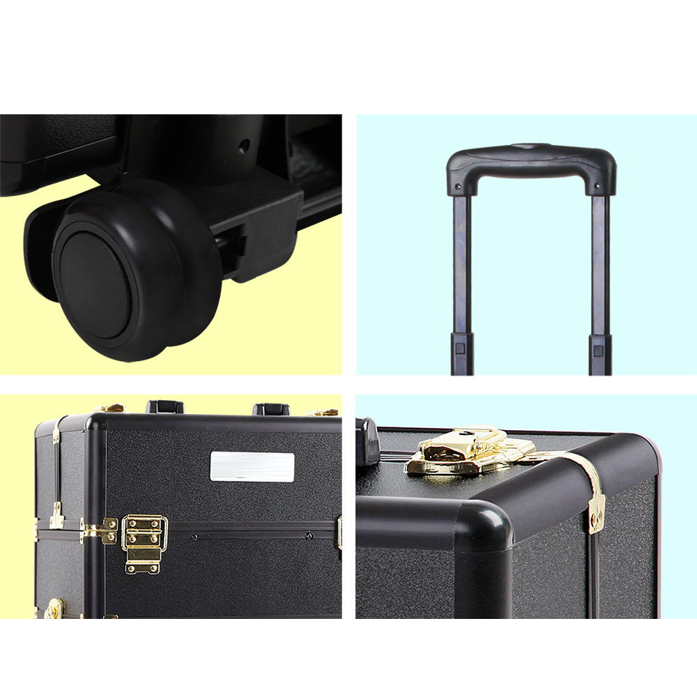7 in 1 Portable Cosmetic Suitcase Trolley - Black and Gold