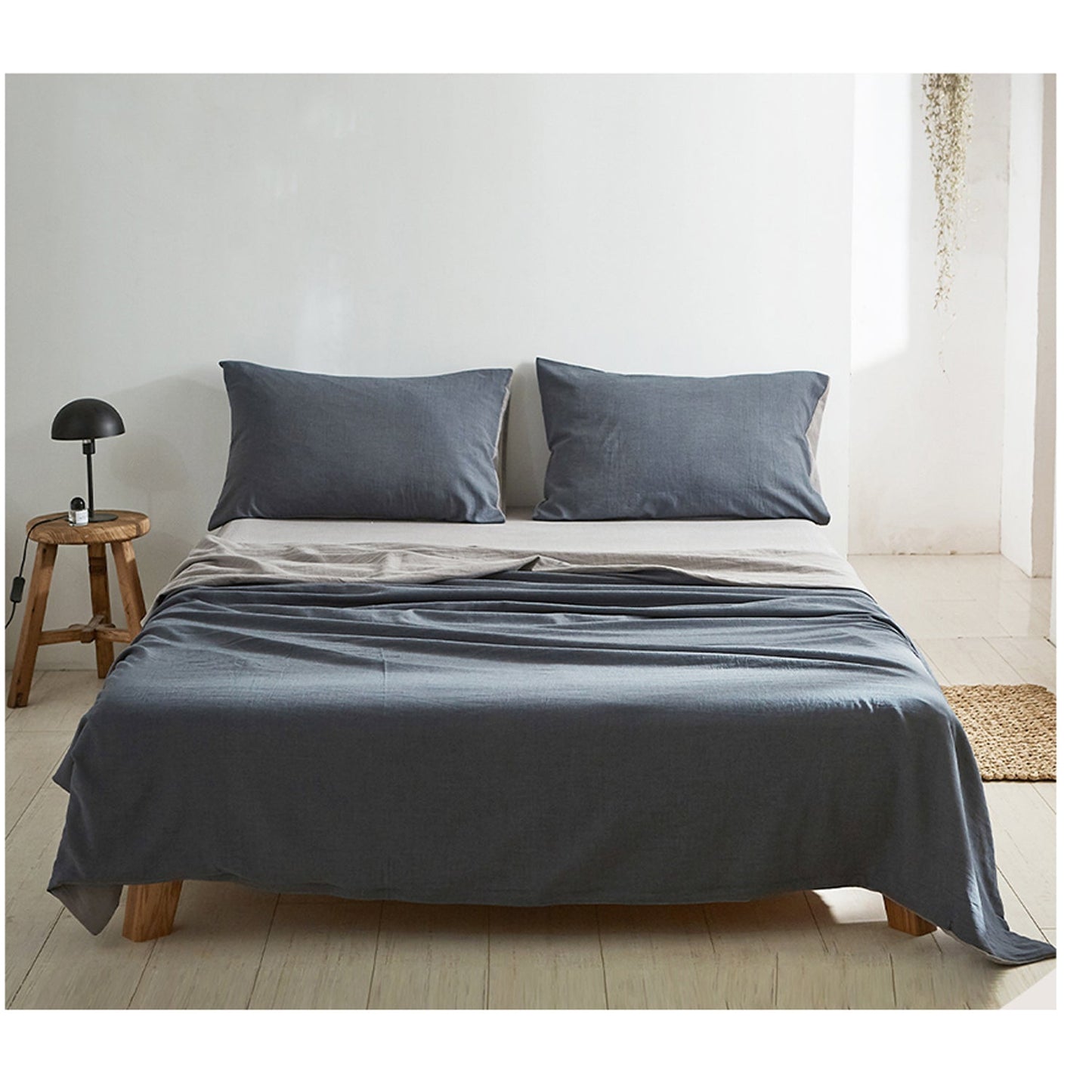 Double Size Cotton Sheet Set - Dark Blue and Grey