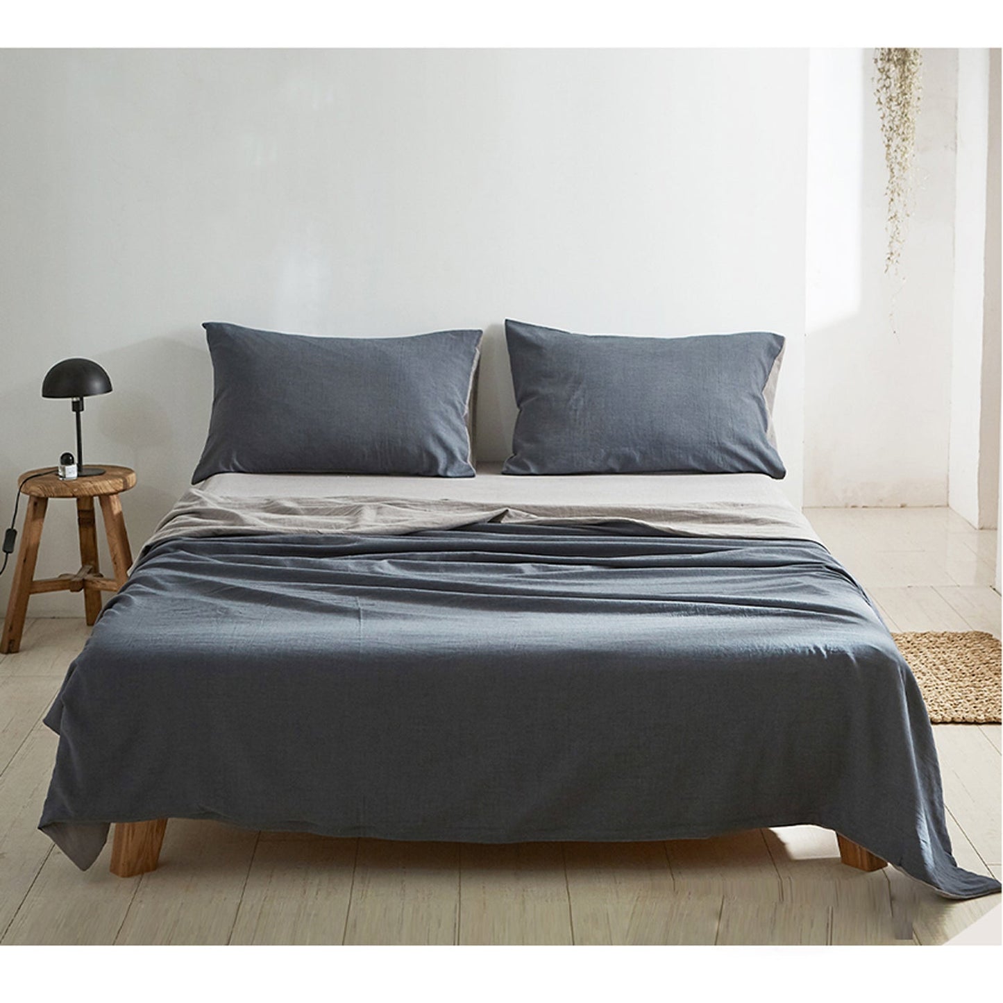 Single Size Cotton Sheet Set - Blue and Dark Grey