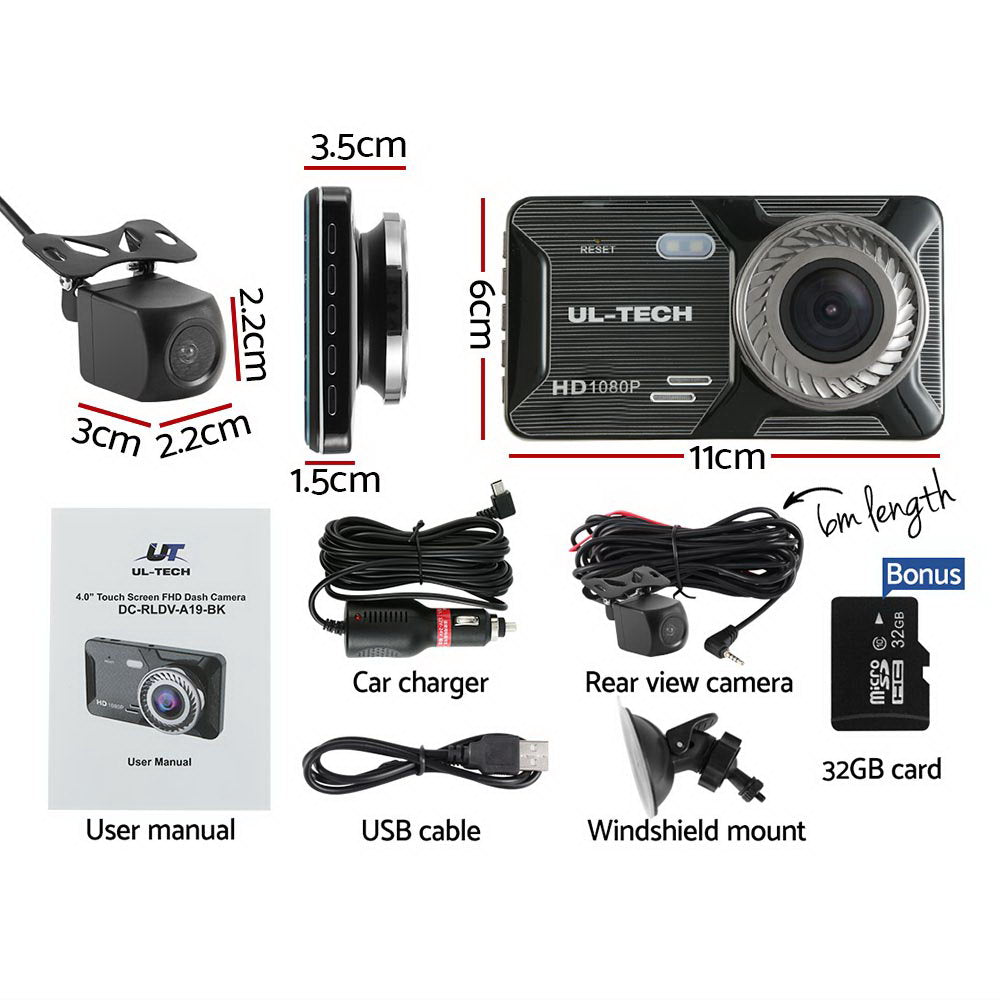 1080P 4" Dash Camera Dual Lens Car DVR Recorder Front Rear Night Vision
