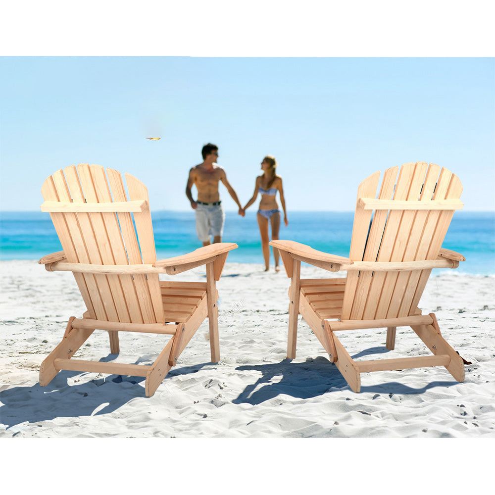 Outdoor Garden Patio Beach Chairs Wood Adirondack Lounge Set of 2 - Natural Wood