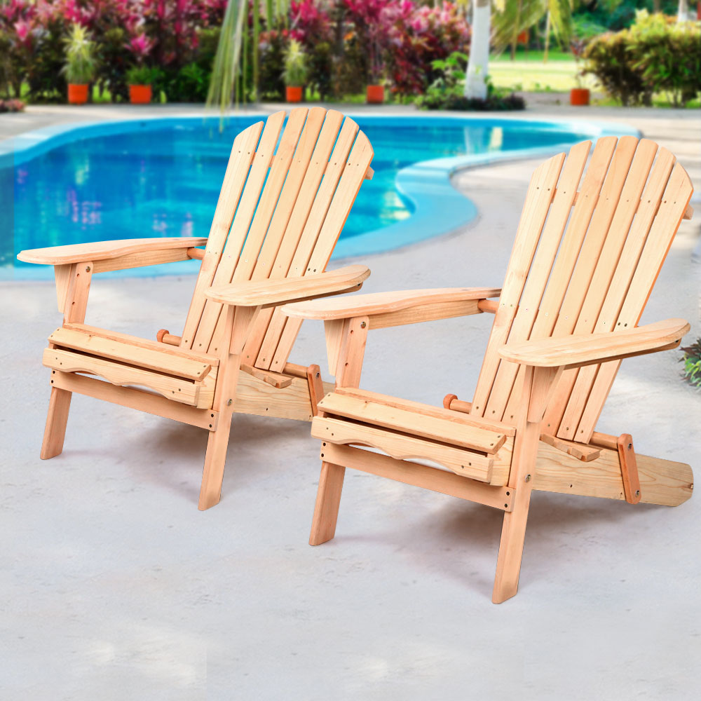 Outdoor Garden Patio Beach Chairs Wood Adirondack Lounge Set of 2 - Natural Wood