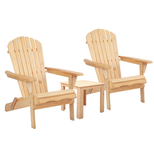 Wooden Outdoor Beach Chair and Table Set of 3 - Beige