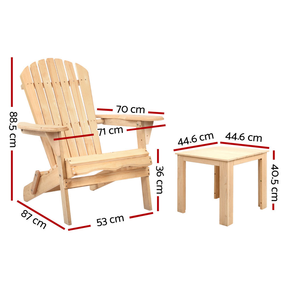 Wooden Outdoor Beach Chair and Table Set of 3 - Beige